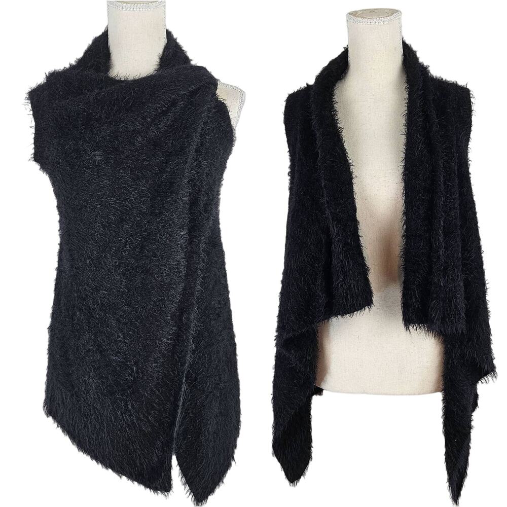 ANGL Black Faux Fur Asymmetrical Sleeveless Open Cardigan or Wrap Sweater S / M